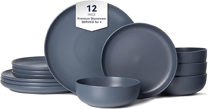 12-Piece Matte Blue Dinnerware Set,Stoneware Dinnerware for 4, Microwave & Dishwasher Safe, Stackable Design for Kitchen and Dining - Plates and Bowls