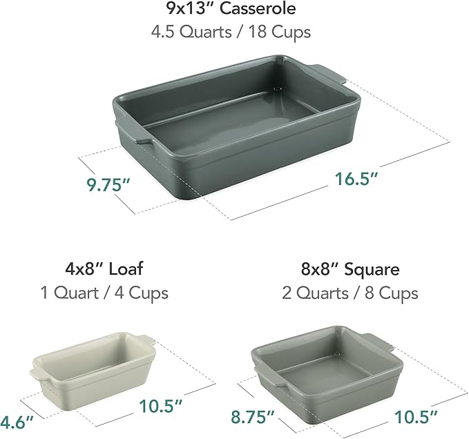 Best Choice Products 3-Piece Ceramic Bakeware Set, Stoneware Baking Dishes, Porcelain Casserole Bakeware Dishes, Serving Dishes - 9x12 Casserole, Loaf Pan, 8x8 Baking Dish - French Gray