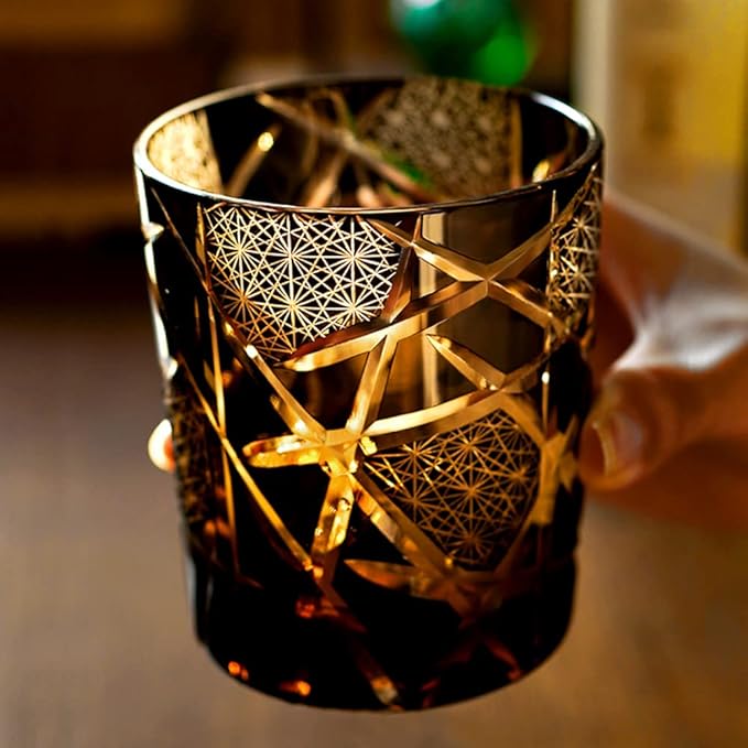 JINZHI Edo Kiriko Old Fashioned Glasses Japanese Style Crystal Amber 8 0z Black Diamond Cut Glass Cup Tumbler for Vodka Cocktail Whiskey