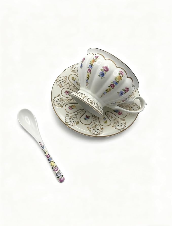 Porlien Hand-painted Golden Floral Coffee Cups and Saucers Set of 2, Vintage Teacups Set with Spoons