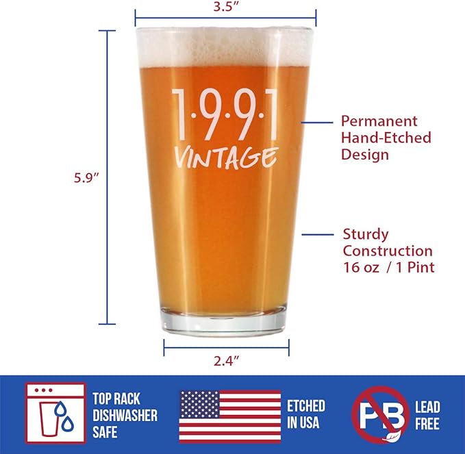 Bevvee Vintage 1991 Pint Glass for Beer - 35th Birthday Gifts for Men or Women Turning 35 - Fun Bday Party Decor - 16 oz