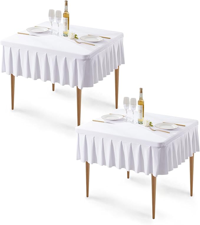 Wish Care 2 Pack White Spandex Tablecloths for 34x34 Inch Square Tables, Stretch Fitted Table Clothes with Pleated Ruffle Skirt for 34” Table, Wrinkle Free and Elastic, for Party Kitchen Home Dining