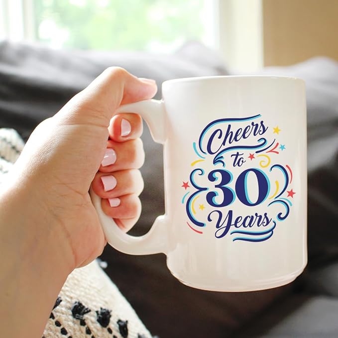 Bevvee Cheers to 30 Years - Coffee Mug Gifts for Women & Men - 30th Anniversary Party Decor - Large 15oz White Ceramic Mug