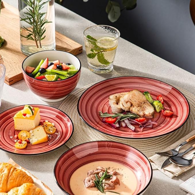 24/48-Piece Handpainted Spirals Stoneware Dinner Combi-Set with Bowl Dessert Plate Soup Plate Dinner Plate(24pcs)