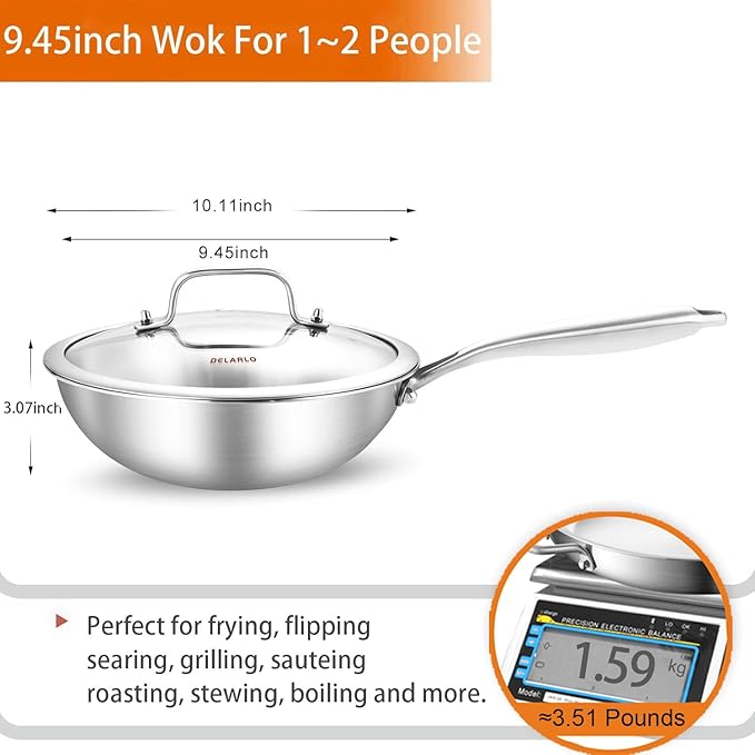 DELARLO Whole Body Tri-Ply Stainless Steel Pan 9.45 inch, Stainless Steel Woks & Stir-Fry Pans, Deep Kitchen Small Wok Pan with Lids, Induction Mini wok 9.45", Suitable for All Stove, Up to 650℉