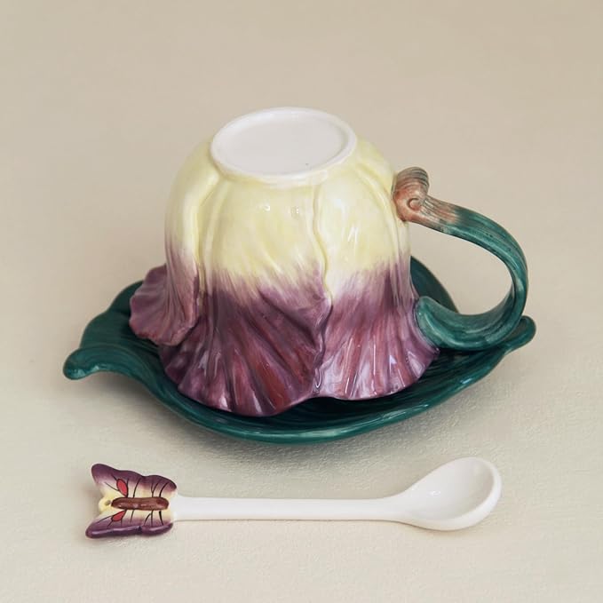 Ceramic Tea Cup and Saucer Set ，6OZ 3D Hand-Painted Flower and Lotus Leaf Coffee Mug，Gift for Women- Purple Tulip