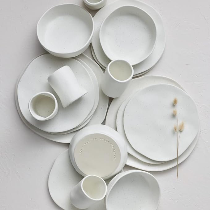 Stone by Mercer Project HEKONDA Modern Debossed Stoneware 32-Piece Dinnerware Set, Plate and Bowl Set, Dish Set for 8, White Speckled