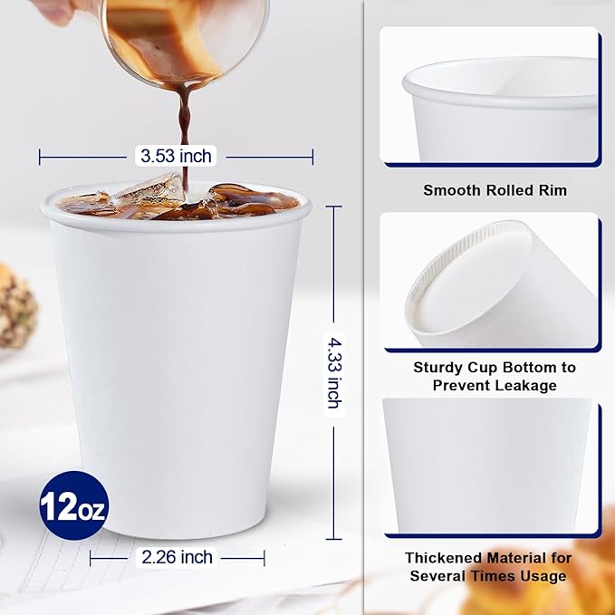 Lamosi 500 Count 12 oz Paper Coffee Cups, Disposable Paper Coffee Cups for Hot or Cold Drinks, 12 Ounce White Beverages Water Cups for Party, Picnic, Travel, Events