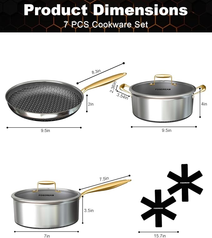 FogDream 5pcs Stainless Steel Cookware, Tri Ply Pots And Pans Set, Non Stick Frying Pans, Soup Pot & Sauce Pan With Tempered Glass Lids, Cool Handles, Dishwasher Safe, Induction Compatible, Gold