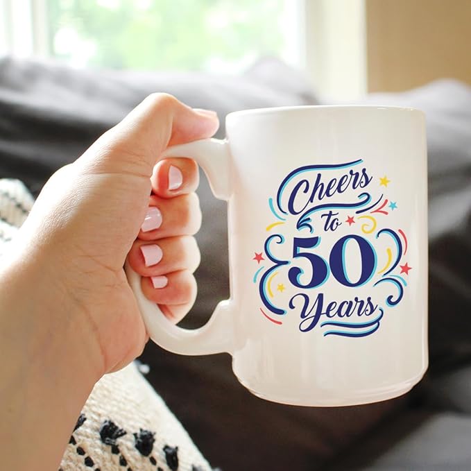 Bevvee Cheers to 50 Years - Coffee Mug Gifts for Women & Men - 50th Anniversary Party Decor - Large 15oz White Ceramic Mug
