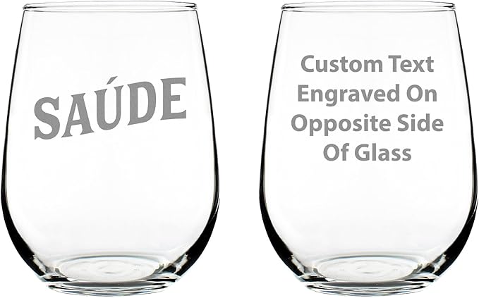 Custom Saude - Portuguese Cheers - Personalized Stemless Wine Glass - Portugal Themed Gifts or Party Decor for Women - Large - Customized Wine Glass Gift