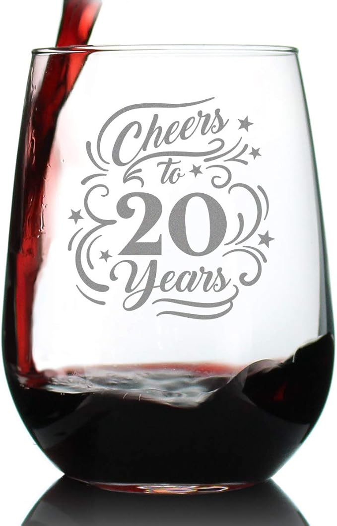 Bevvee Cheers to 20 Years - Stemless Wine Glass Gifts for Women & Men - 20th Anniversary or Birthday Party Decor - Large 17 Ounce Glasses