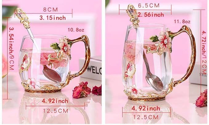 Luka Tech Enamel Butterfly flower Glass Mug with Spoon, Gifts For Women Wife Mom Friends Birthday Mothers Valentines Day Christmas (Blue-Tal)