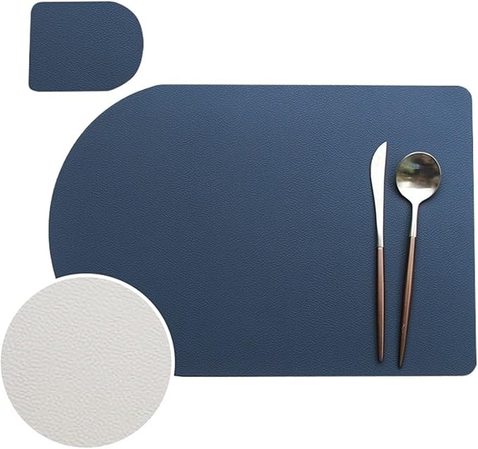 Placemat Washable Set Dual Side Tableware Pad Leather Heat Lnsulation Waterproof Non-Slip Bowl Coaster Kitchen(Blue Gray Arched)