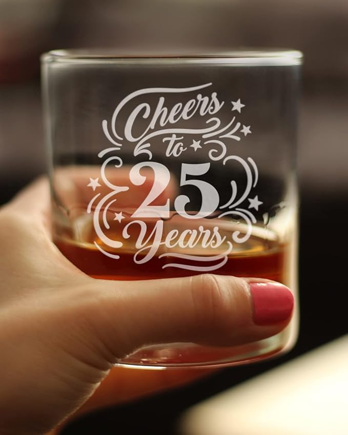 Bevvee Cheers to 25 Years - Whiskey Rocks Glass Gifts for Women & Men - 25th Anniversary Party Decor - 10.25 Oz Glasses