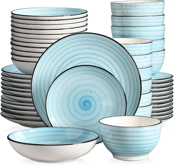 24/48-Piece Handpainted Spirals Stoneware Dinner Combi-Set with Bowl Dessert Plate Soup Plate Dinner Plate(24pcs)
