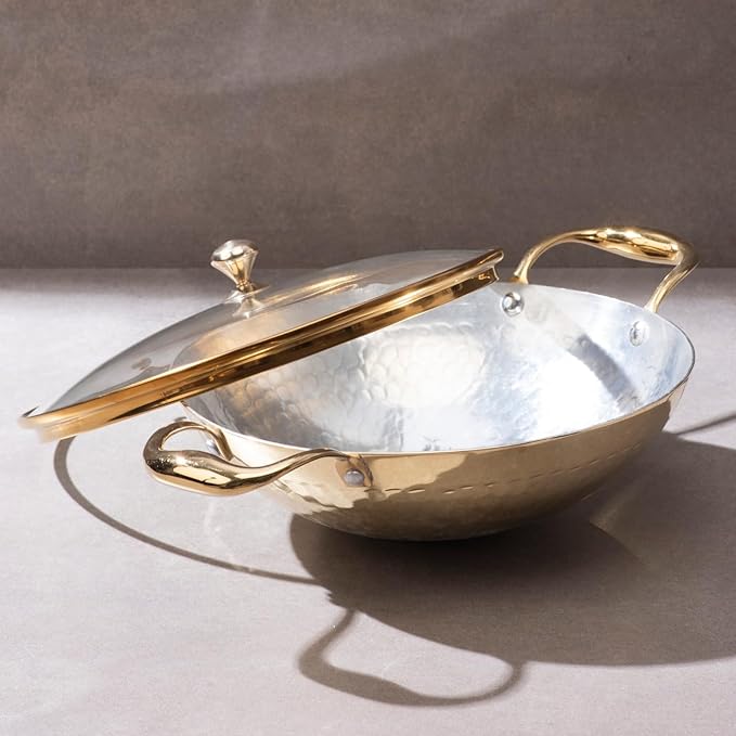 P-TAL Brass Kadhai 1.5L with Insulated Heat-Resistant Handle and Glass Lid | 100% Pure Brass Tin Coated Kadai for Cooking | Non-Stick and Chemical-Free (Glass Lid 1.5 Litre)