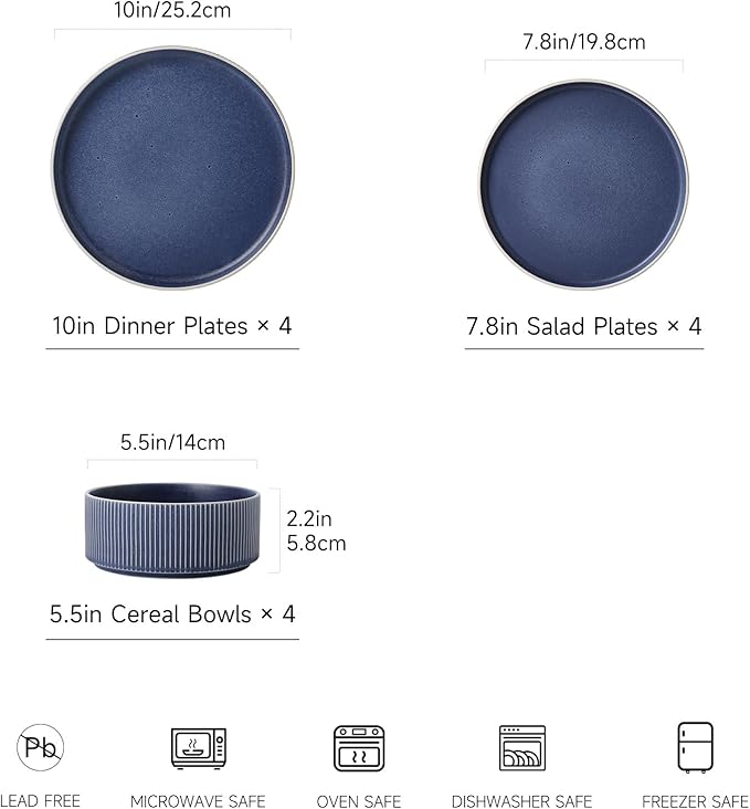 Dinnerware Set Service for 4, 12-Piece Ceramic Plates and Bowls Set, Chip & Scratch Resistant, Microwave and Dishwasher Safe, Modern Minimalist Tableware for Everyday Use, Matte Blue