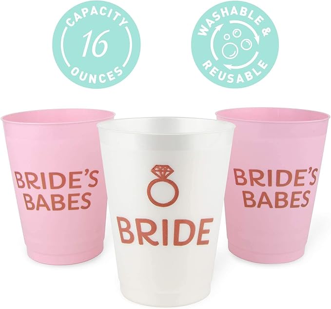 Stag & Hen Bride's Babes Bachelorette Party Cups - 12 Pack, 16 oz Cups | Custom Personalized Drinkware for Classy Pink Simple Theme Bridal Shower, Engagement Party | Bridesmaids Gifts, Favors, Decor