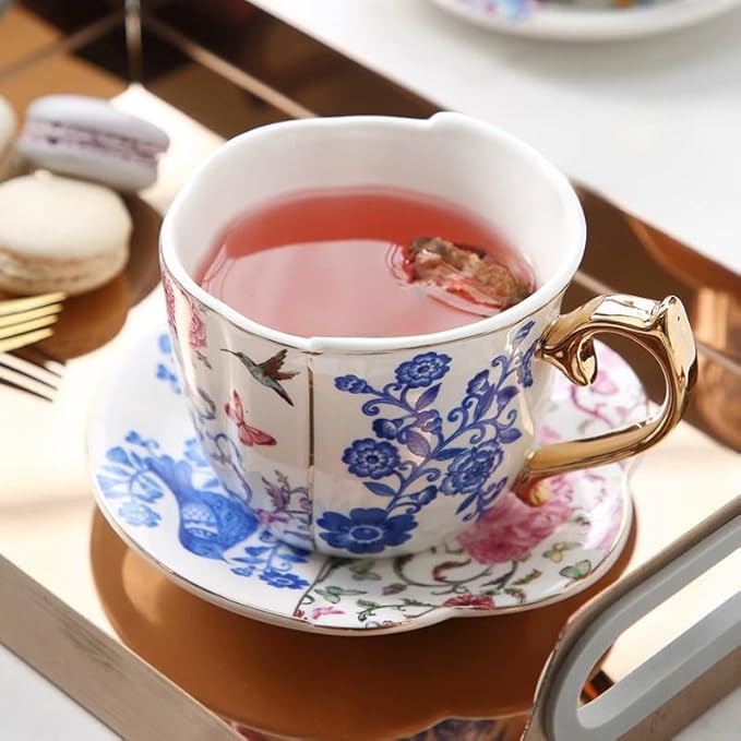 KAMMAK Tea Cups and Saucers Set of 2, Porcelain Coffee Cups, 8-Ounce Stackable Espresso Mugs, Ceramic Demitasse for Coffee, Latte, Americano, Tea, Butterfly & Bird