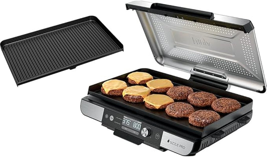 Ninja Sizzle Pro XL 20-Inch Indoor Griddle + Grill, Detachable Ventilated Lid, Grease Control, Ceramic Nonstick Plates, Even Edge-to-Edge Cooking, XL Capacity, Versatile, Silver GX101 (Renewed)