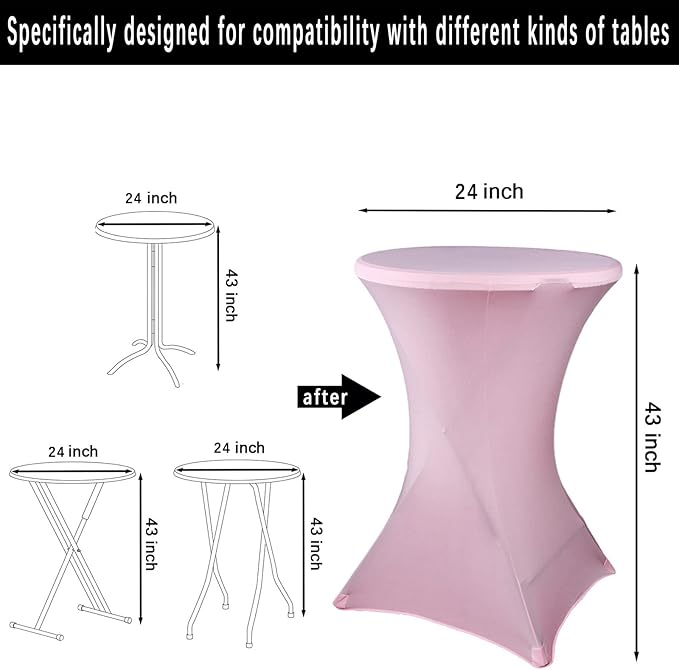 2 Pack 24x43 Inch Pink Cocktail Tablecloth Spandex Round Fitted Table Cover for Wedding Banquet Event Party