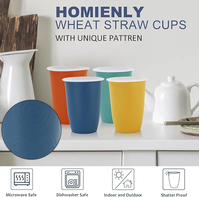 Homienly Wheat Straw Cups,Unbreakable Drinking Glasses 16oz,6-Pack Dishwasher Safe Cups with Lids for Parties,Beach-Colorful