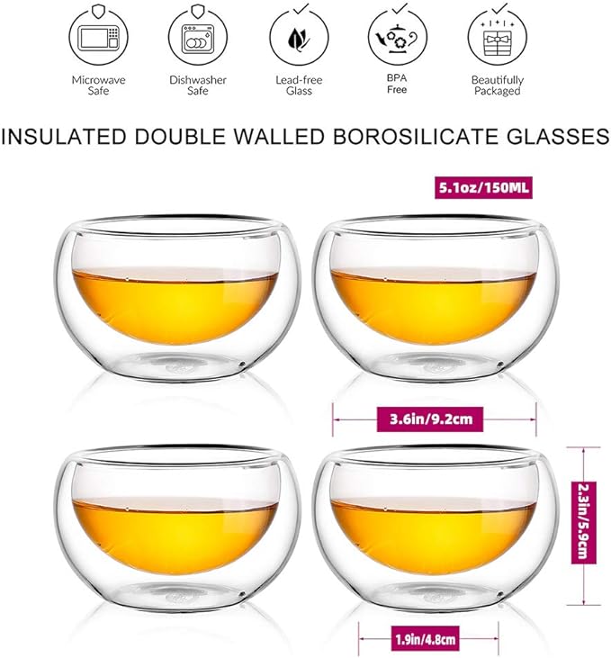 CNGLASS Glass Teapot Set,20oz Clear Tea Pot with 4 Double Wall Teacups,Stovetop Safe Tea Kettle,Blooming Loose Leaf Tea Maker Gift,Microwave Dishwasher Safe