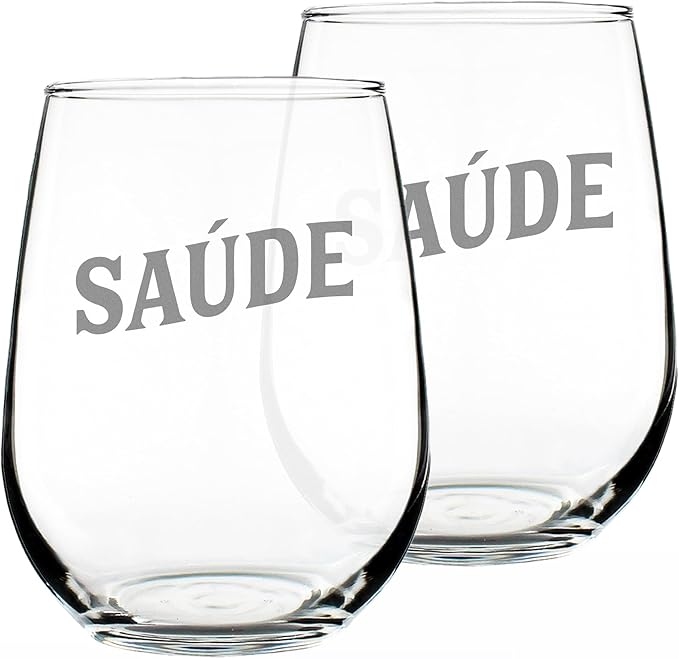 Bevvee Saude - Portuguese Cheers - Stemless Wine Glass - Portugal Themed Gifts or Party Decor for Women - Set of 2 - Large
