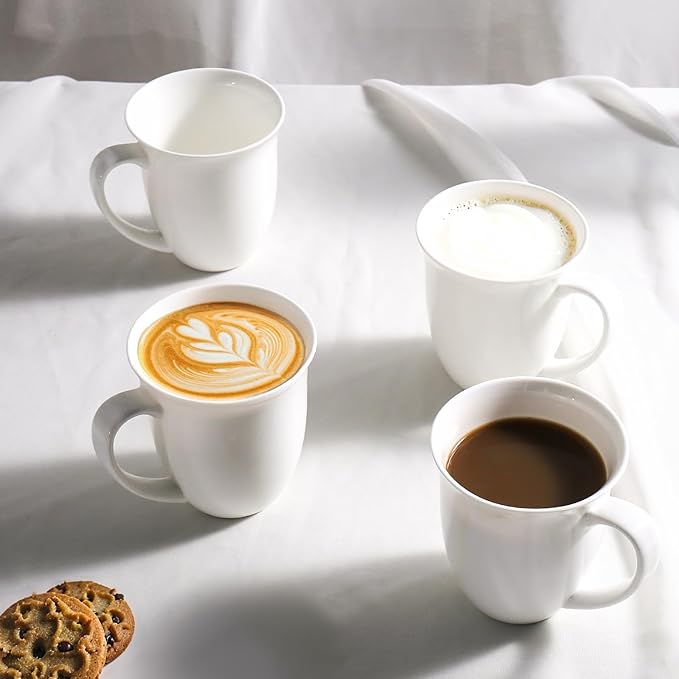 Fine Bone China Coffee Mugs Set of 4, 13 Oz White Tea Cups with Outwardly Tilted Rim, Wide Mouth Lightweight Ceramic Coffee Mugs, DIY Gifts for Coffee & Tea Lovers