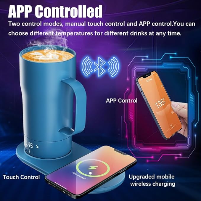 Smart Self Heating Coffee Mug 18 Oz Temperature Control Heated Coffee Mug App Controlled Warmer Mug 5-10 Hour LED Display Keep Coffee Hot All Day Fast Wireless Charger Base Lake Blue