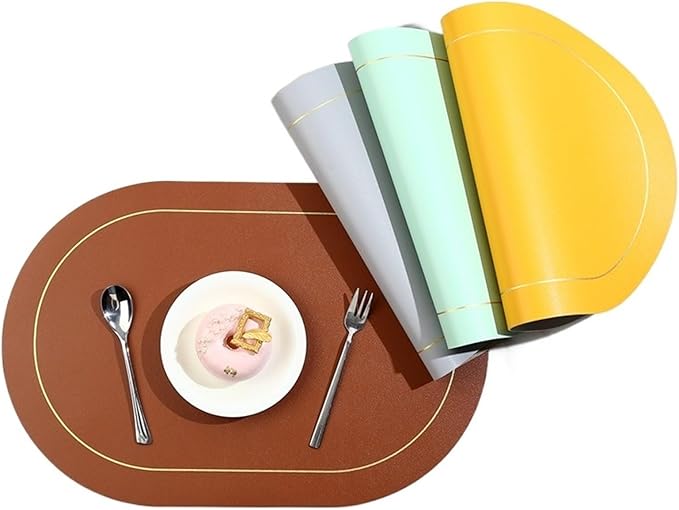Ellipse Two-Sided Placemat Tableware Pad Table Mat Heat Insulation PU Leather Placemats Bowl Coaster Kitchen Non-Slip(Wine red)
