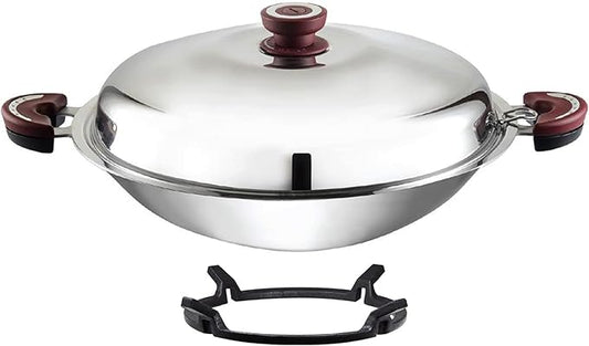 BUFFALO Stainless Steel Wok Pan with Lid Round Bottom 14 inch (35cm) Stir Frying Pan Tri-Ply Nonstick Cookware - Double Handle Cooking Pot for Induction/Electric/Gas Stoves + Wok Ring
