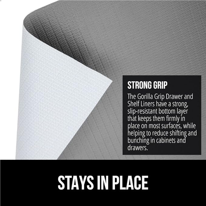 GORILLA GRIP DripGuard Shelf Liner, Non Adhesive Drawer and Kitchen Cabinet Protector, Slip Resistant BPA Free Smooth Surface Plastic Liners for Cabinets, Bathrooms, Closets, 12x240 Inch, Gray