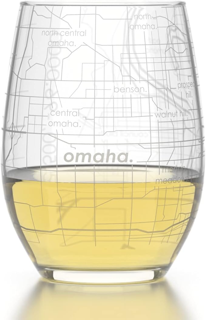Well Told Engraved Omaha Nebraska Map Stemless Wine Glass, Etched Glass (15 oz, Clear) City Custom Gifts for Lovers