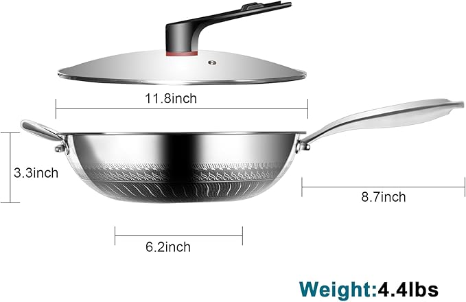 Wok Pan 12 Inch with Standing Lid, 18/10 Stainless Steel Honeycomb Wok, Hybrid Stir Fry Pan with Flat Bottom, Physical Non-Stick Structure, Induction Compatible, Dishwasher & Oven Safe