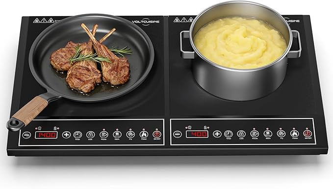 24 Inch Double Induction Cooktop, Button Control, 1800W Power Sharing, Low Power Continuous Heating, Portable Countertop Electric Cooker