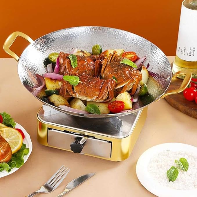 Stainless Steel Non-Stick Wok with Double Handles | Round Bottom Stir Fry Pan for Gas/Charcoal Grill | Ideal for Outdoor Cooking & Camping