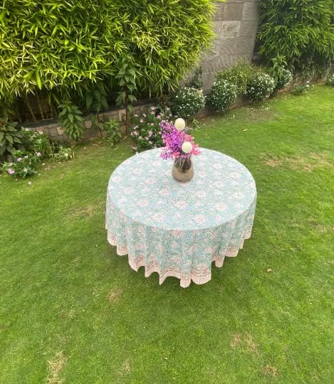 Ridhi Block Print Round Turquoise Blue Reusable Tablecloth 100% Cotton 110" Inch Decorative Table Cover eveyday Dining, Home, Party, Wedding, Farmhouse Gift for Spring, Easter, Valentine