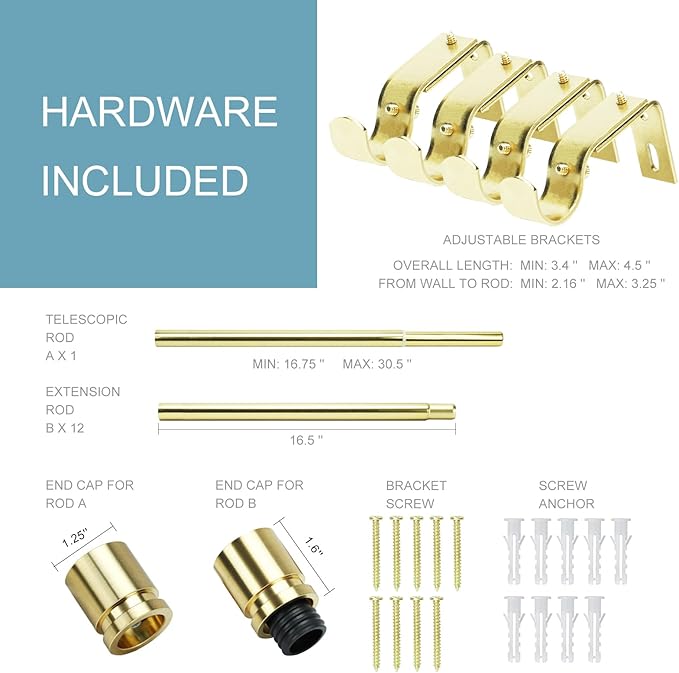 Curtain Rods for Windows 16 to 200 Inches Adjustable Length 1 Inch Diameter Window Curtain Rod with Aluminium Finials, Gold