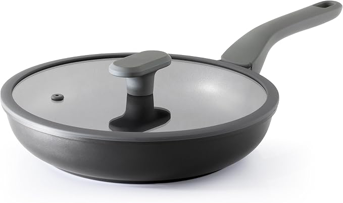 PRICUSIS Nonstick Frying Pan with Lid, 8/10 Inch Skillet with Stay Cool Handle, Fully Coated, Induction Compatible & Oven Safe, 100% Dishwasher Safe, PTFE & PFOA Free（8 Inch, Black Sesame）