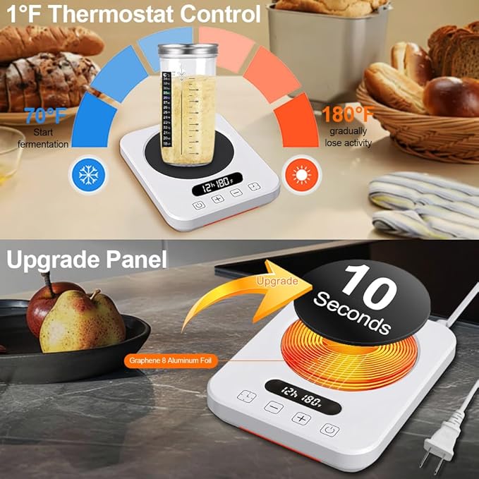 Sourdough Starter Warmer with Sourdough Bread Starter Kit, Abnaok Precise 1°F Thermostat Control (70-180°F) Timer Sourdough Warming Mat, Smart memory Warming On/Off