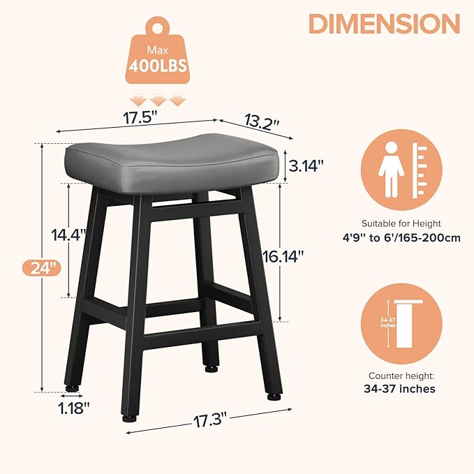 Counter Height Bar Stools Set of 2, 24 Inch Barstools for Kitchen Counter, Kitchen Stools with Bonded Leather Saddle Seats & Heavy Duty Metal Legs, Easy Assembly, Gray/Black