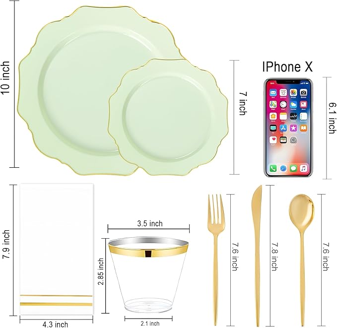 WDF 175Pcs Sage Green Plastic Plates With Gold Rim - Disposable Sage Green Plates 25guest Disposable Dinnerware Ideal for Party/Wedding/Spring Party/Easter