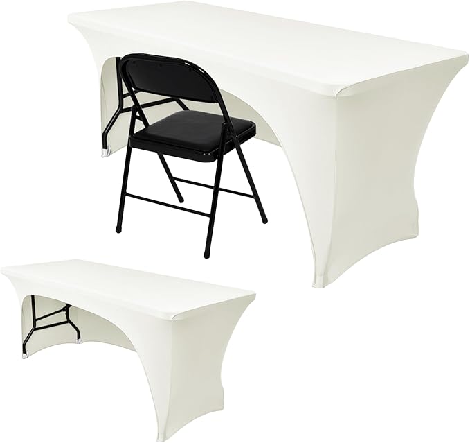 Nasitos 2 Pack Spandex Fitted Tablecloth for 4 Foot Tables-Open Back Folding Table Cover Washable Fabric Stretch, Tight and Wrinkle Resistant Table Protector for Trade Show, Craft Show, Events, Ivory