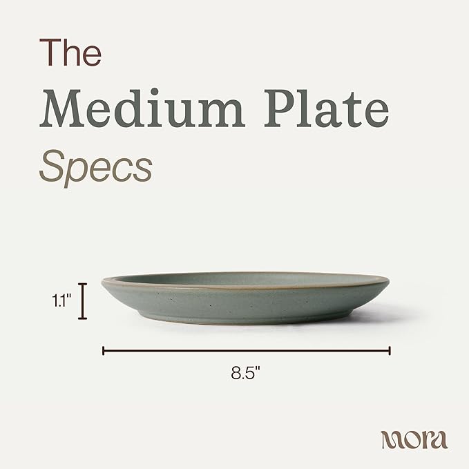 MORA Medium Plates Set of 4, 8.5 inch Ceramic Pottery Salad Plates - Microwave, Oven and Dishwasher Safe - Peppercorn
