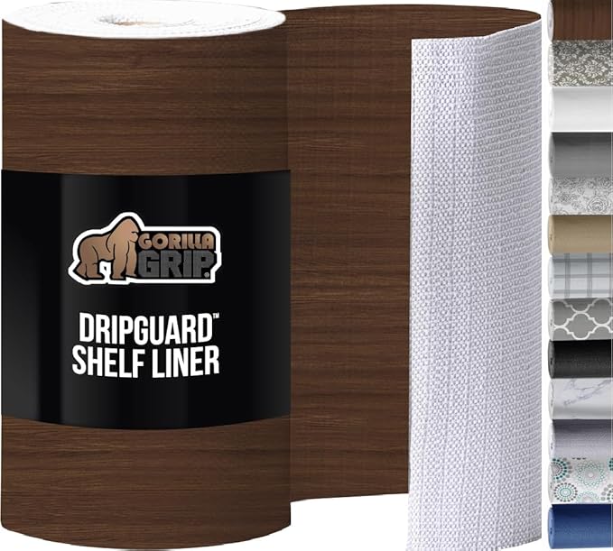 GORILLA GRIP DripGuard Shelf Liner, Non Adhesive Drawer and Kitchen Cabinet Protector, Slip Resistant BPA Free Smooth Surface Plastic Liners for Cabinets, Bathrooms, Closets, 17.5x240 Inch, Wood