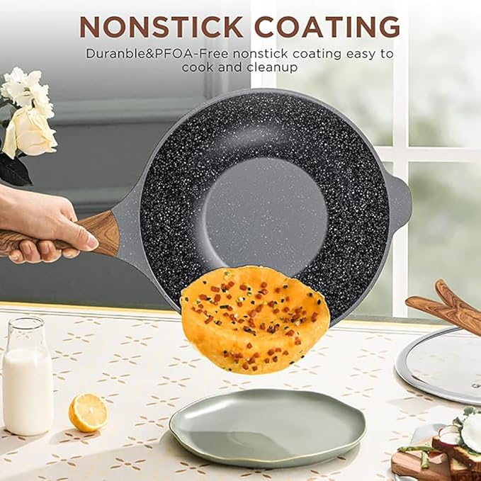 Nonstick Wok and Stir Fry Pan 12.5 inch with Spatula, Die-cast Aluminum Scratch Resistant Healthy Wok with Free-standing Lid