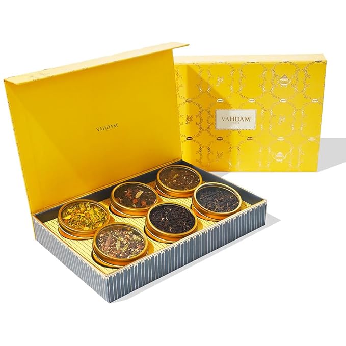 VAHDAM, GLOW - Assorted Tea Gift Set (6 Loose Leaf Tea) Tin Caddy Presentation Box | Gluten Free, Non GMO | Tea Gift Set for Women & Men