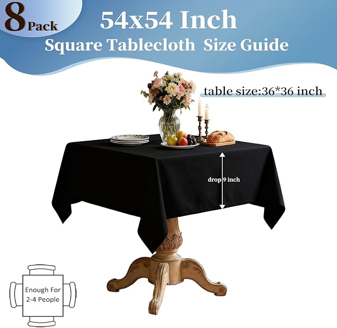 8 Pack Black Square Tablecloth 54x54 Inch Table Cloth for Square Tables, Wrinkle Resistant Washable Polyester Fabric for Dining Banquet Wedding Party